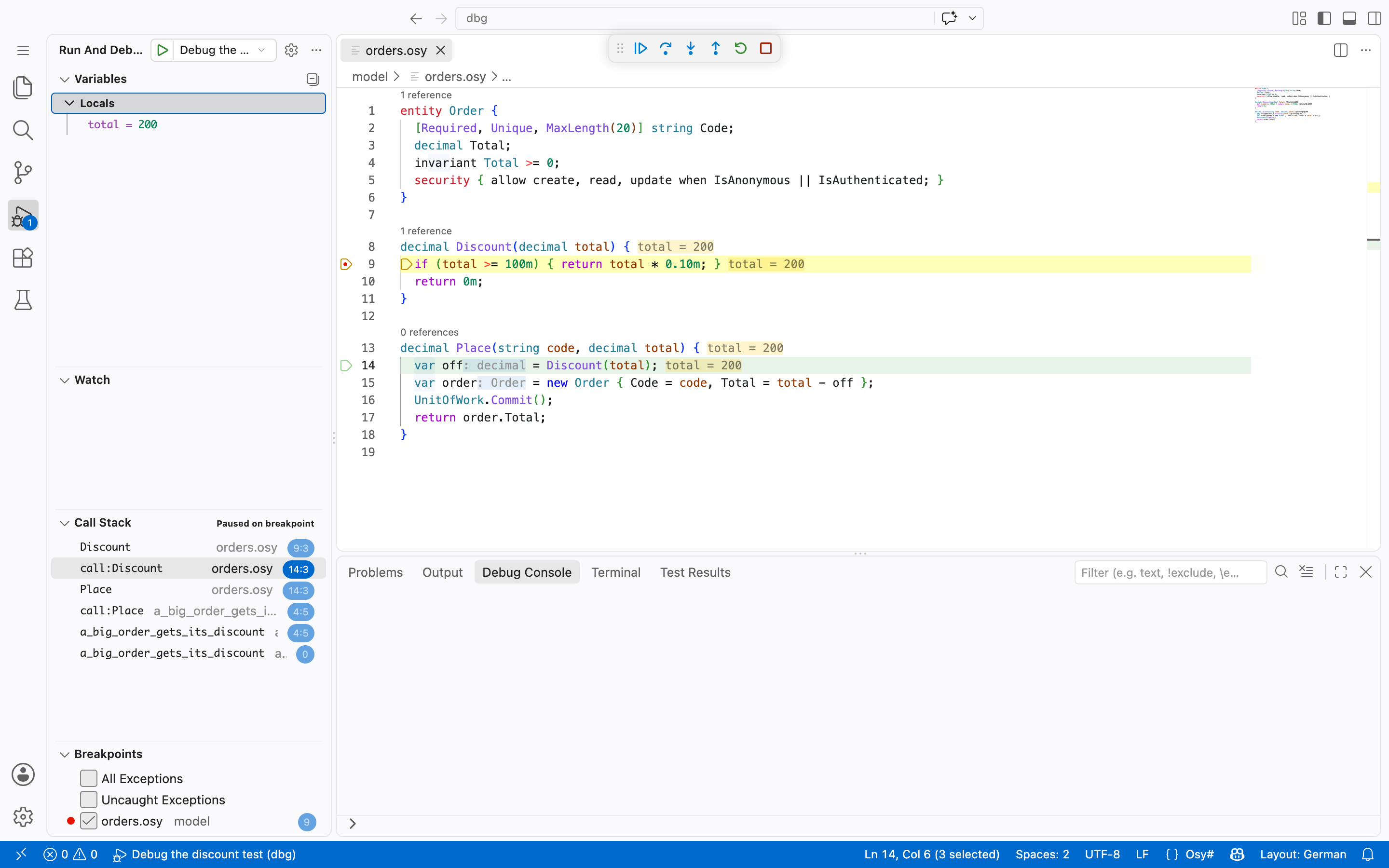 VS Code paused on a breakpoint in an Osy# file, with the call stack, locals and inline values