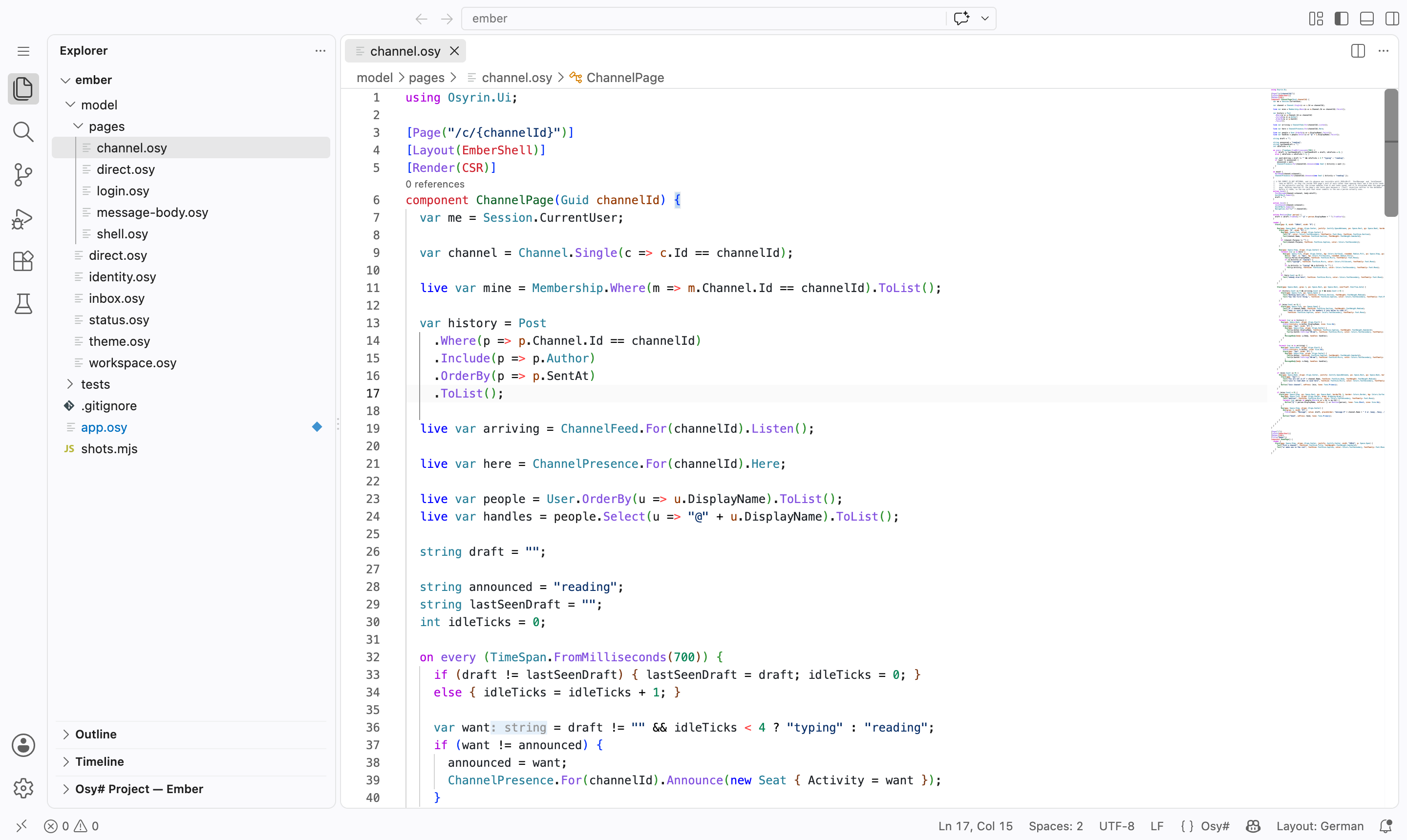 VS Code showing an Osy# page: semantic colouring, an inlay hint, a code lens, and the Osy# project view