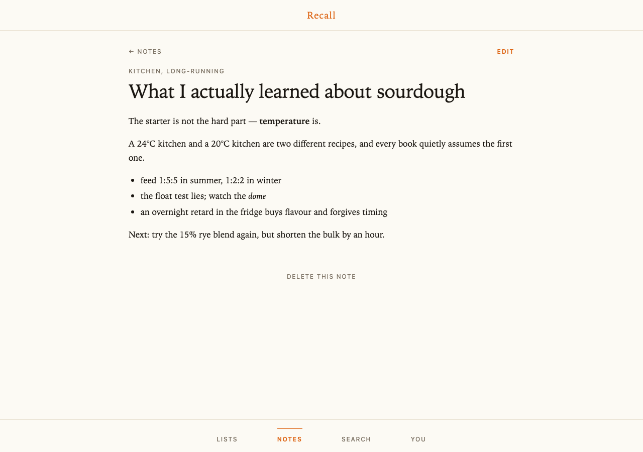 A note from a personal archive, its markdown body rendered as prose in a serif on cream paper
