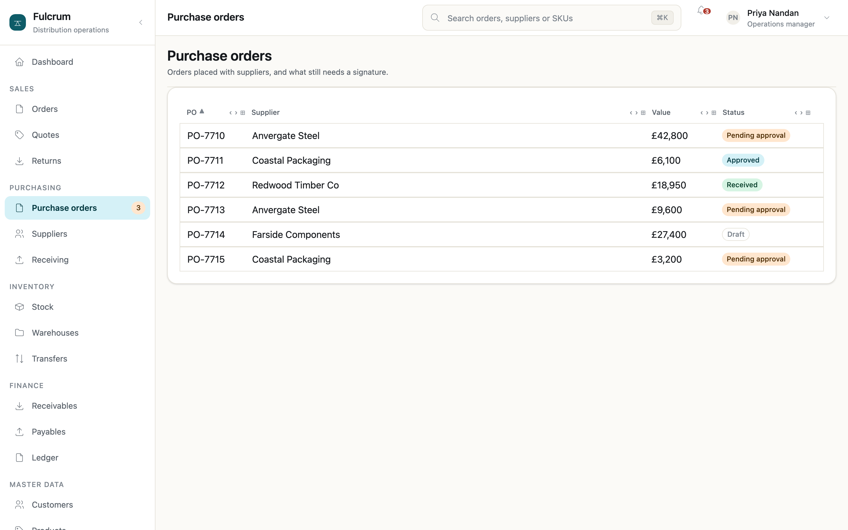 A wholesale-distribution back office in a sidebar shell: six navigation sections, purchase orders open